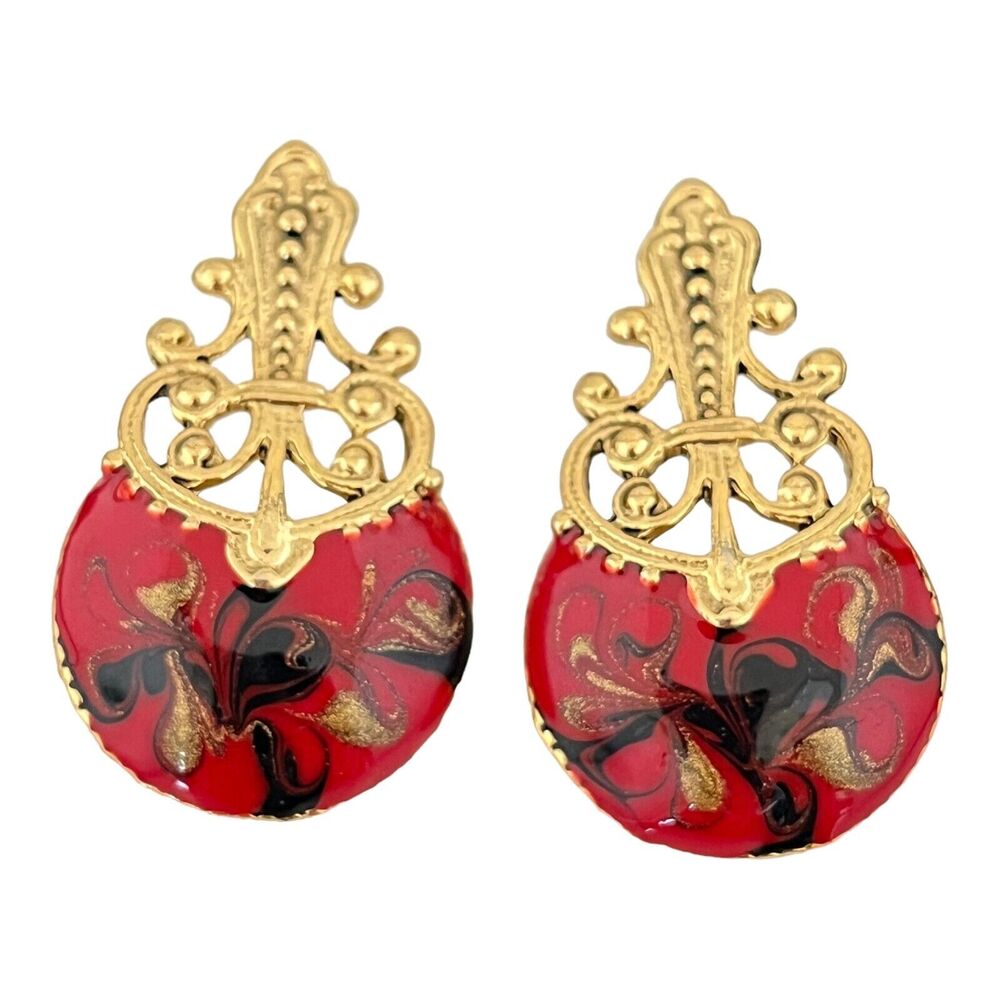 Vintage 1980s Gold Tone Pierced Earrings Hand Applied Shimmer Enamel NOS - 3GA